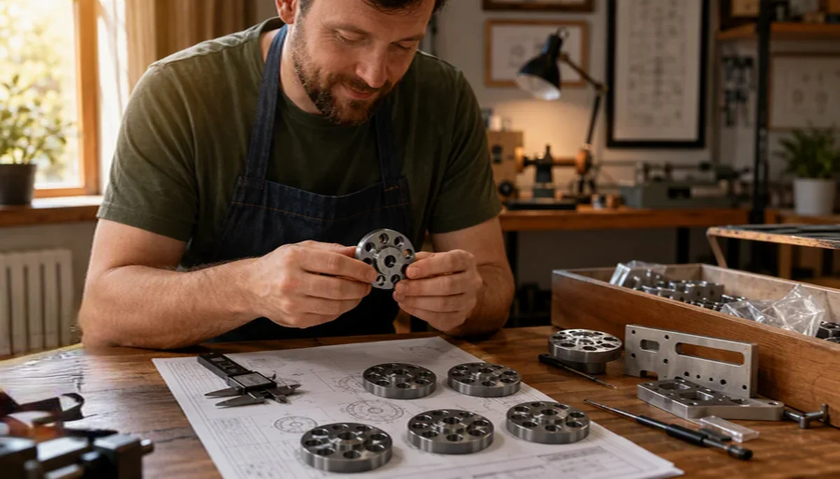 Craftsman verifying precision machined flange parts