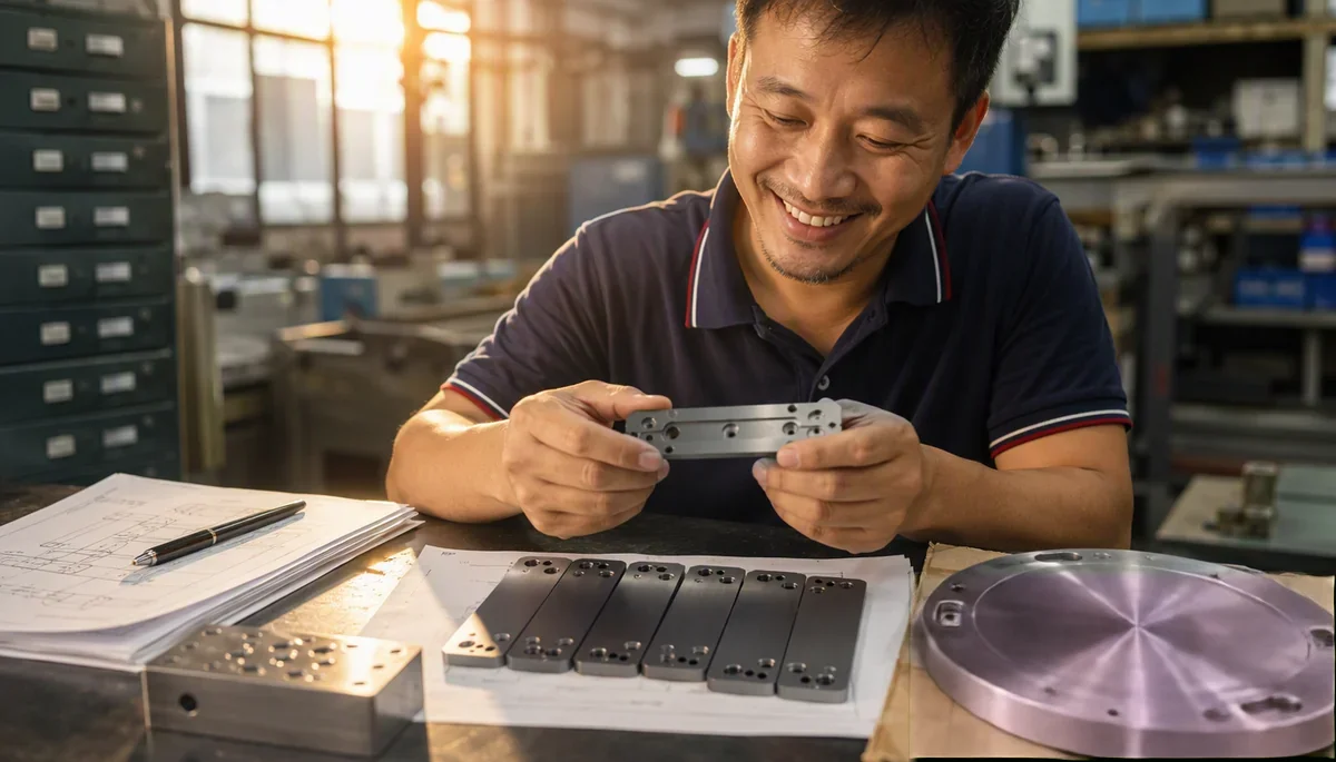 Engineer inspecting CNC machined parts at the workbench